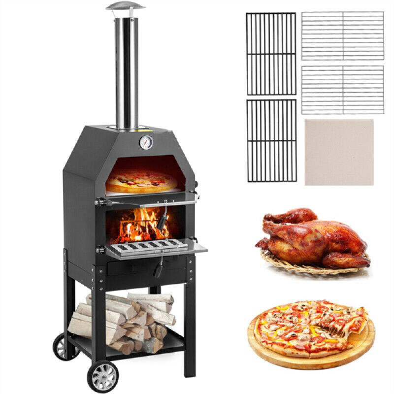 12" Wood Fried Pizza Oven With Wheels & Handle 2-layer For Backyard Camping Site