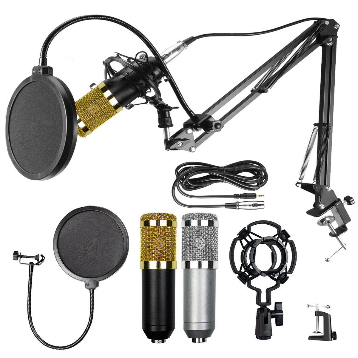 Bm-800 Condenser Microphone Kit Studio Pop Filter Boom Scissor Arm Stand Mount