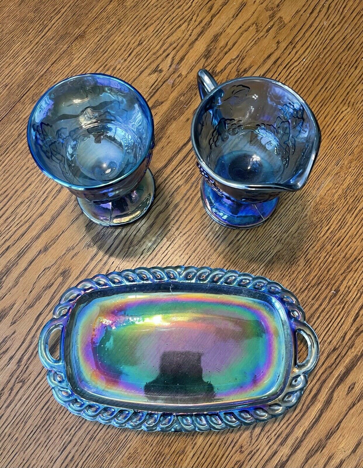 Vintage Indiana Glass ~blue Carnival~ Creamer, Sugar And Tray