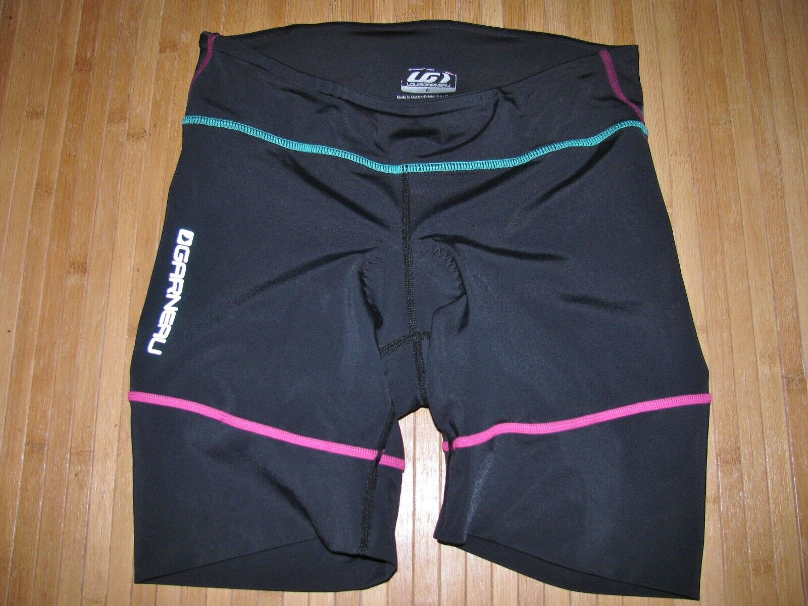 Garneu Shorts Tri Triathlon Womens Medium Poly Spandex Black With Green And Pink
