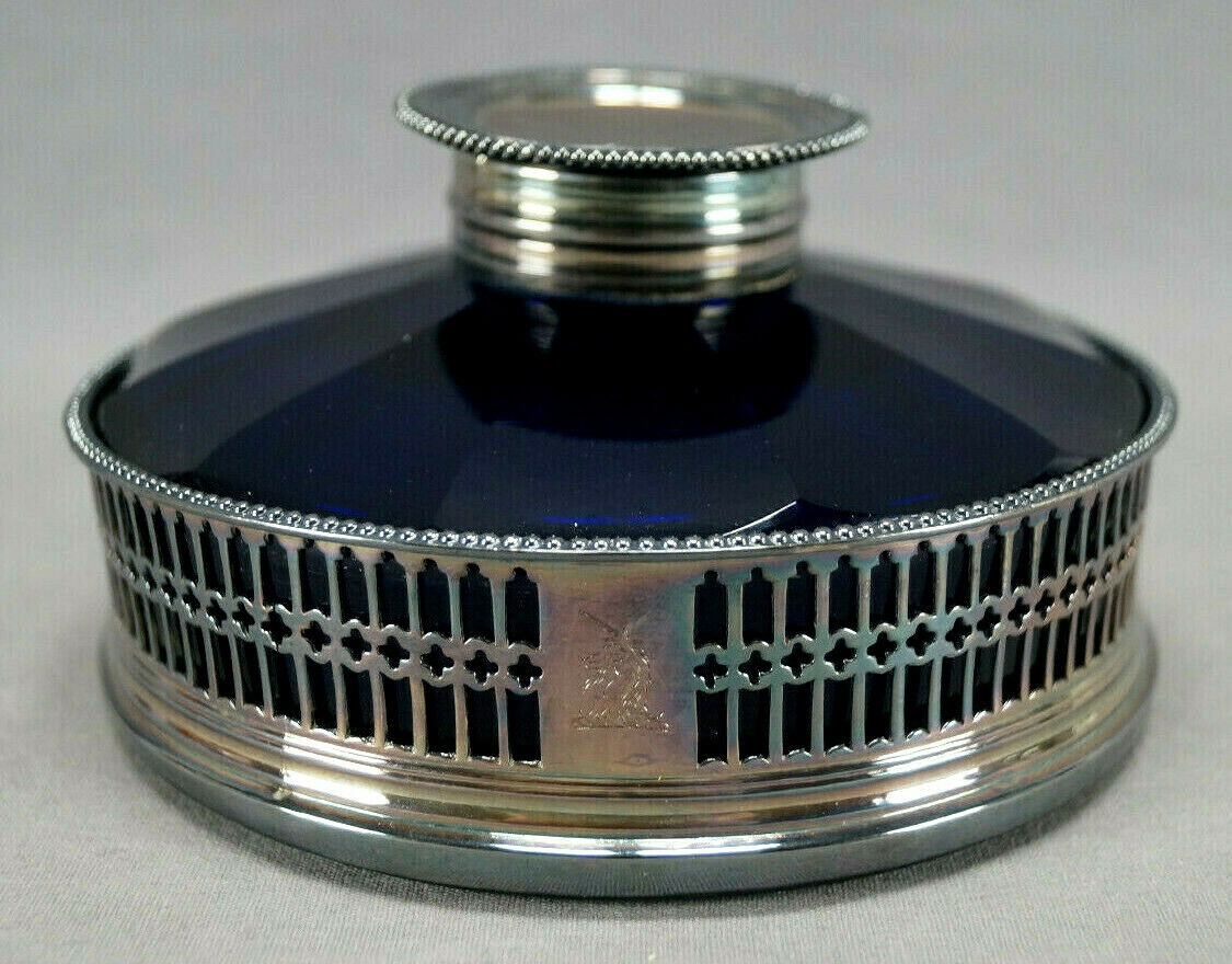 Antique British Cut Cobalt Glass & Silverplate Mounted Inkwell Circa 1870s