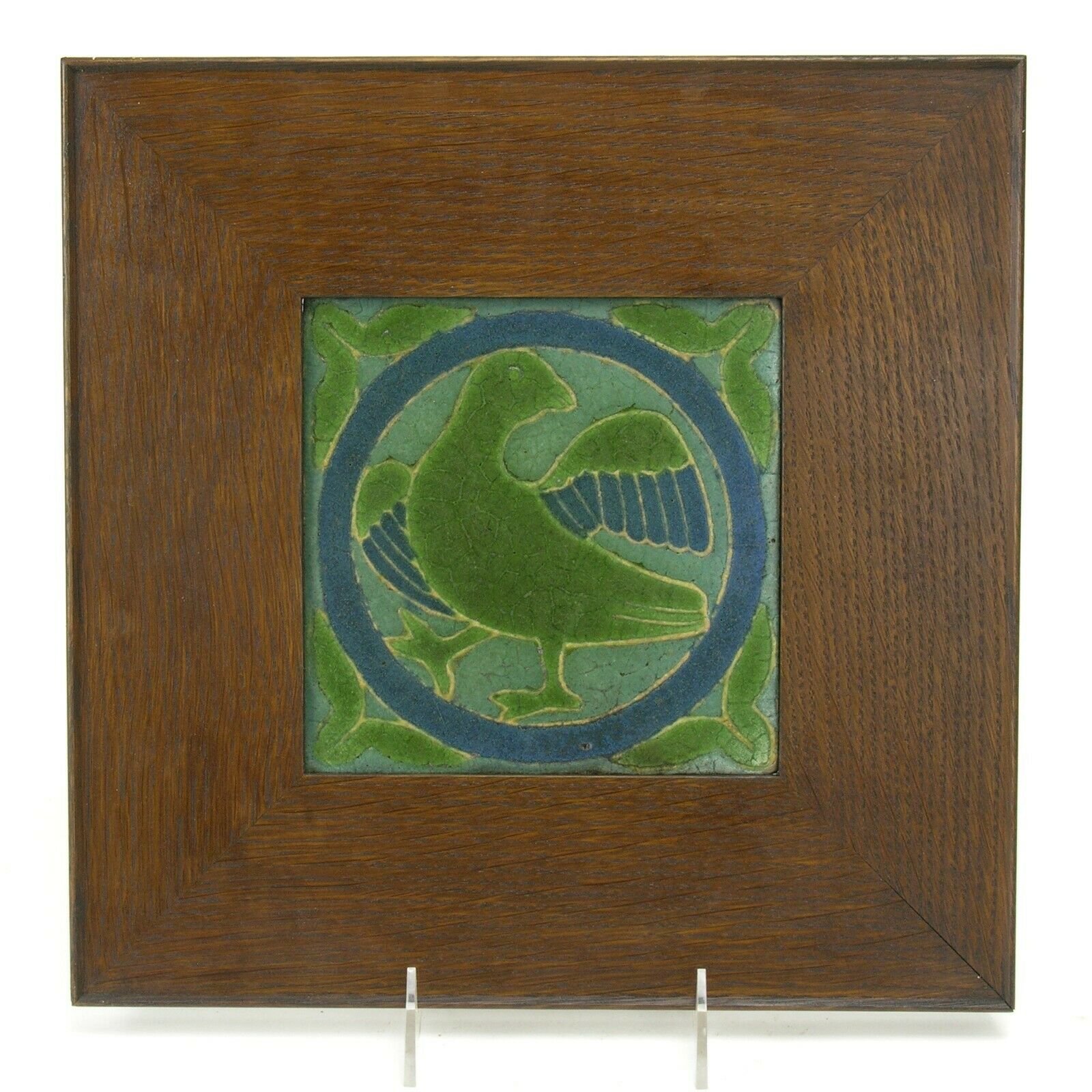 Grueby Pottery Faience 6x6 Bird In Circle Tile Arts & Crafts Matte Green Blue