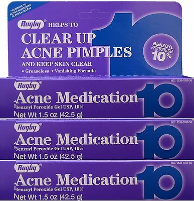 Rugby Acne Gel Benzoyl Peroxide 10% -1.5oz Tube -3 Pack -expiration Date 09-2022