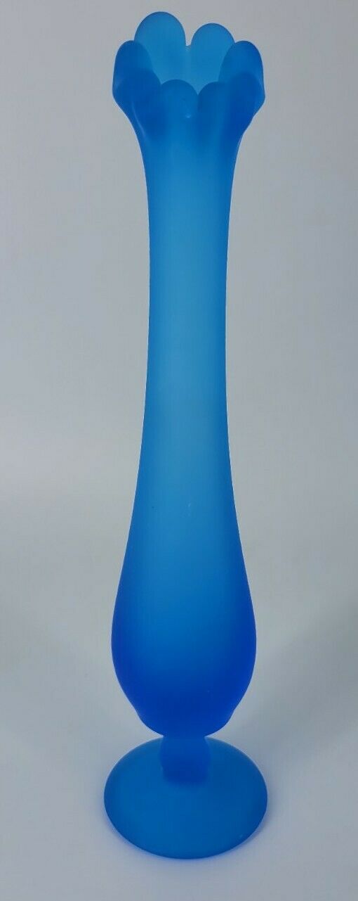1950’s Mid Century Mod 10.5” Swung Or Stretch Blue Glass Vase Matte Frosty