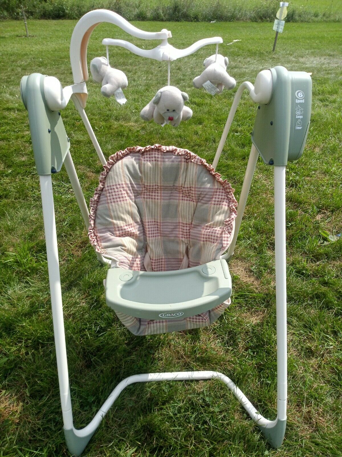 Vintage Plaid Graco  Open Top Baby Swing 6 Speed Easy Entry