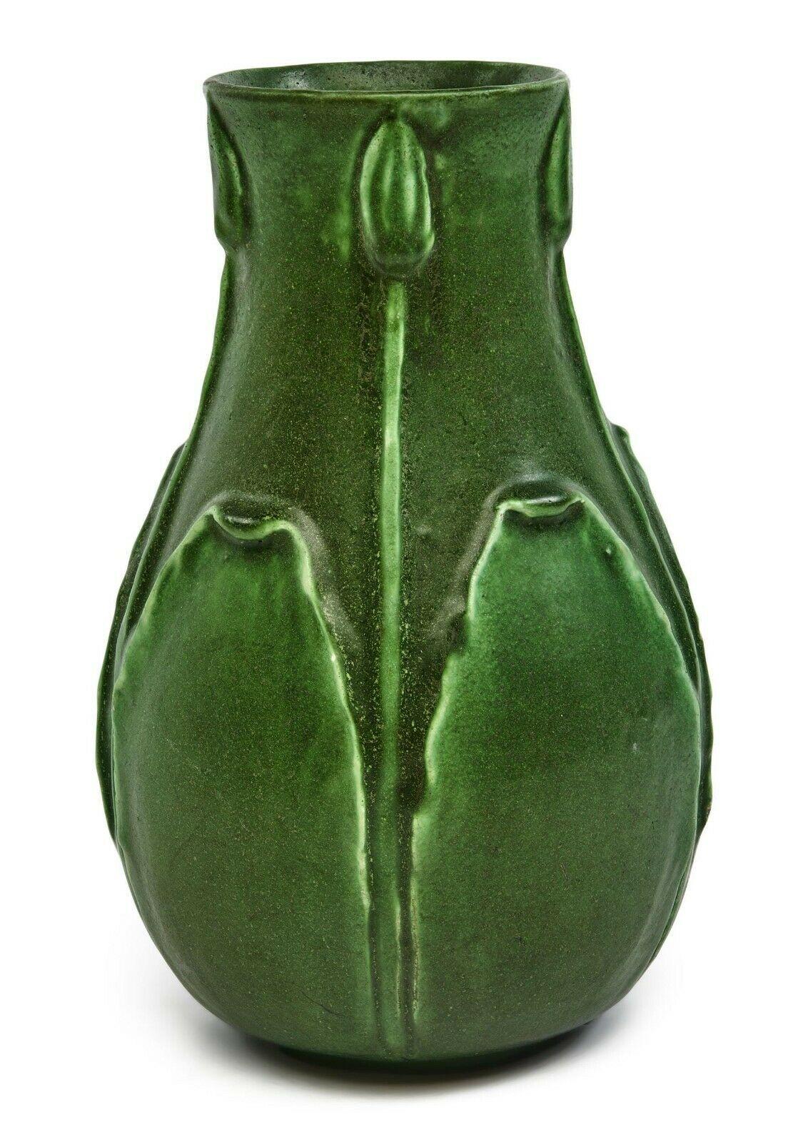 Grueby Matte Green Pear Shape W/5 Leaf & Buds Vase C1905. Signed. 7.5″h X 4"d