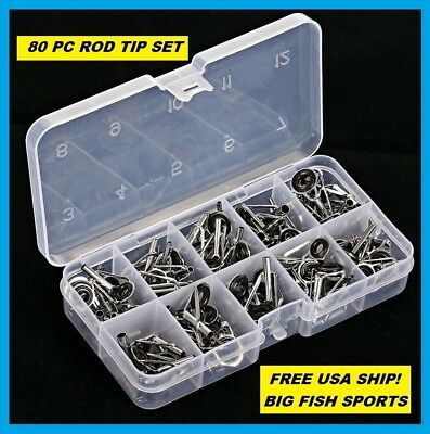 80 Pc Ceramic Fishing Rod Pole Guides Tips Top Eye Rings Repair Kits 10 Sizes!