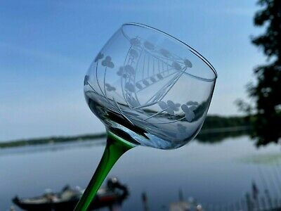 Set Of 6 Duiske Irish Handcut Green Stem Wine Glasses Goblets Harp N Shamrocks