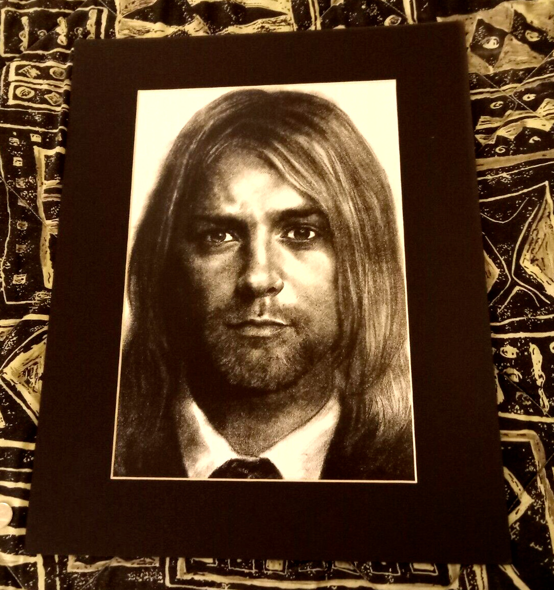 Nirvana Kurt Cobain Black And White Drawing With Frame From 1999. 16x20 In. Rare
