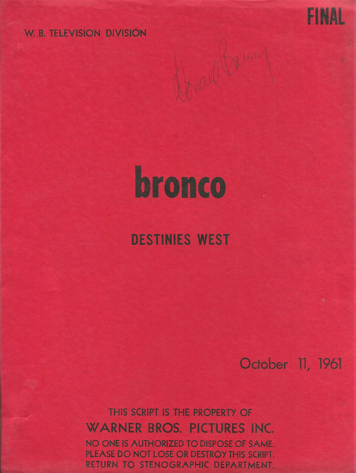 Donald "red" Barry-bronco Tv Series Original Script-signed Personal Copy-1961
