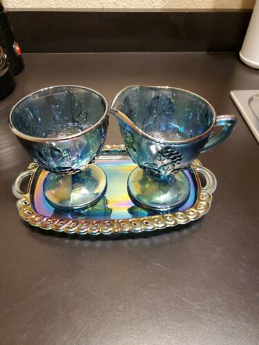 Indiana Harvest Grape Blue Carnival Glass Footed Sugar And Creamer Set With Tray